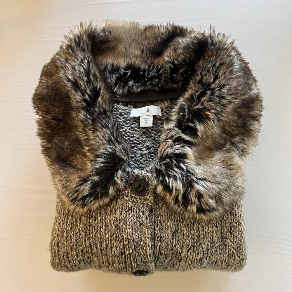 J JILL Chunky Soft Cozy Oversized Long Fur Collar Sweater Cardigan MEDIUM Petite - Picture 11 of 12